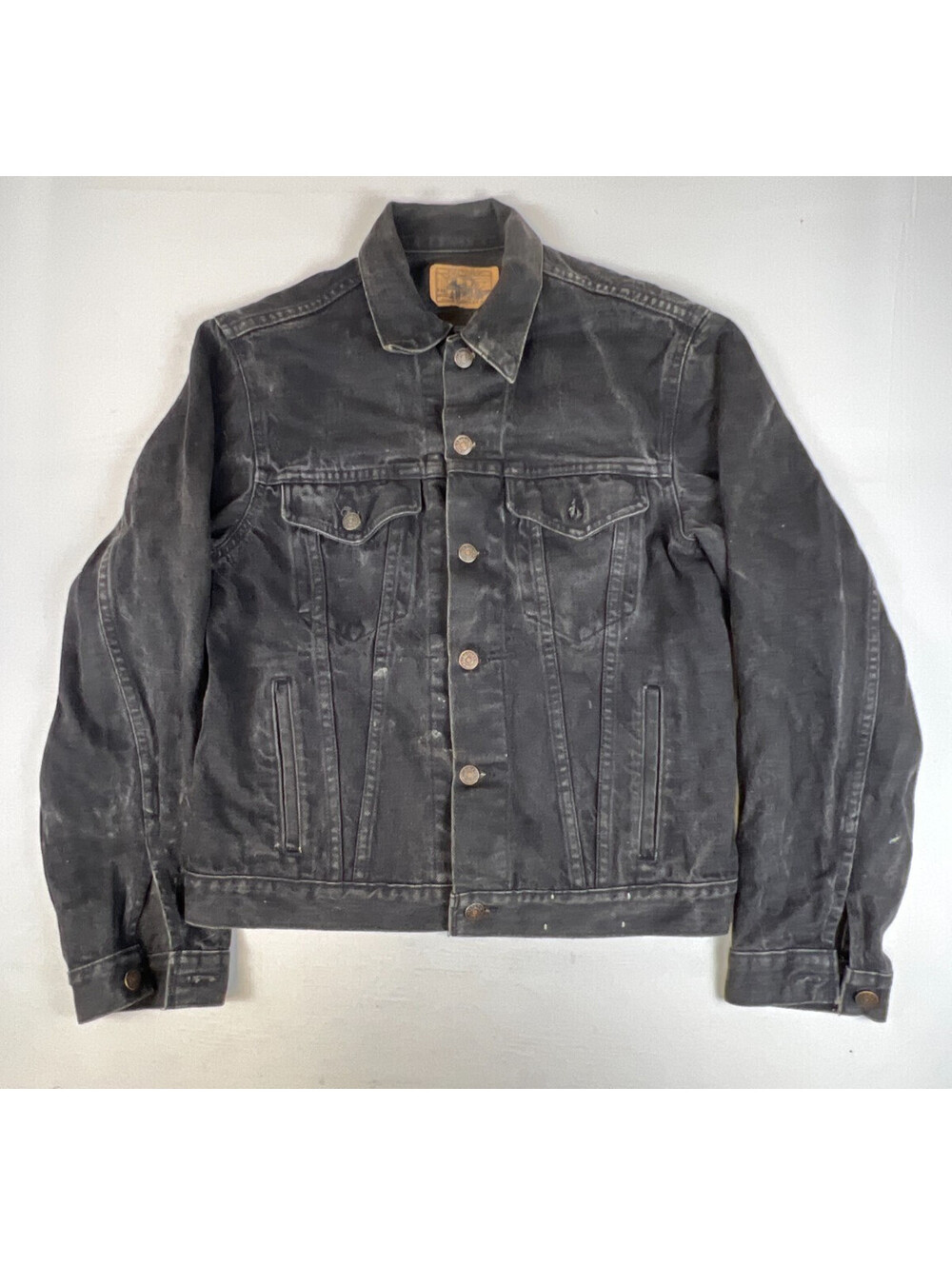Vintage JCPenney Plain Pockets Men 40 Black Denim Trucker Work Jacket Made in US